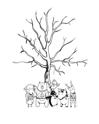 Fingeravtrycksaffisch med trä och unika djur